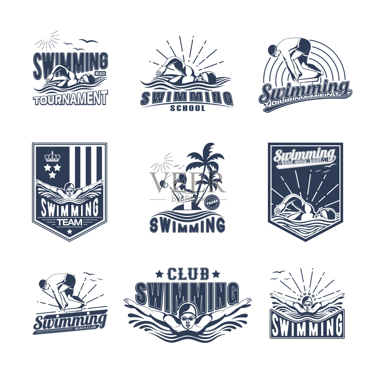 一套游泳徽章印刷在t恤,印刷产品和出版物在互联网上。矢量图插画素材